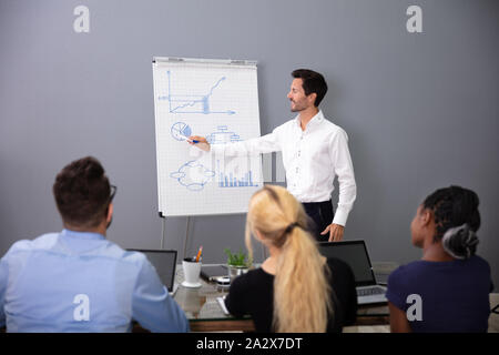 Rear View Of Businesspeople Looking At Confident Businessman Giving Presentation On Board Stock Photo