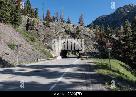 Rocky overpass and tunnel along the Million Dollar Highway below Ouray, high in the San Juan Mountains of southwestern Colorado Stock Photo