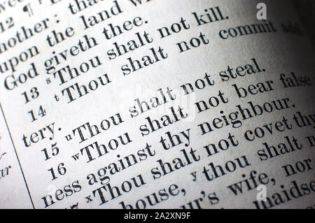 Highlighted text of the Ten Commandments in the Holy Bible Stock Photo