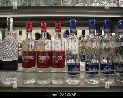 Shelf of bottles of vodka  in a specialty liquor store Stock Photo