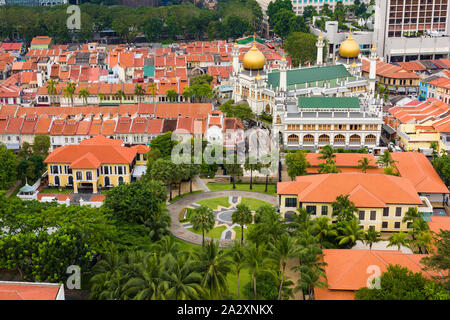 Singapore, 23 Feb 2016: Aerial view of majestic Sultan Mosque and surrounding Kampong Glam area. Stock Photo