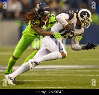 Seattle, United States. 03rd Oct, 2019. Seattle Seahawks tight end Will  Dissly (88) tries to gain extra yards against Los Angeles Rams defensive  back Nickell Robey-Coleman (23) during the first quarter at