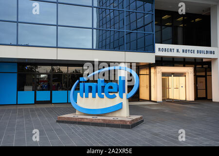 The Intel sign is seen in front of the Intel Museum at Intel's headquarters in Santa Clara, California, in the Silicon Valley, on Dec 5, 2018. Stock Photo