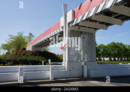 The Nike 'Swoosh' logo is seen at one of the entrances to Nike World Headquarters in Beaverton, Oregon, United States. Stock Photo