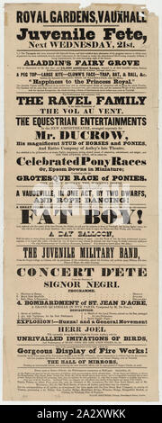Royal Gardens, Vauxhall. Juvenile fete, next Wednesday, 21st; Text-only broadside announcing a festival at Vauxhall Gardens, London, England, 1841. Includes a list of the events and scheduled performances, including the release of the balloon Fat Boy. A great personage will make his first appearance at any place of amusement this evening-the renowned Fat Boy! and, inflated ... he will pay his respects ... and becoming a day balloon, will bid adieu to terra firma, ascending head-foremost to the infinity of space ... it is formed to travel about 100 miles.; Stock Photo