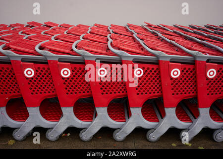 Rows of Target branded shopping carts are seen parked outside a Target Store in Tigard, Oregon, on Wednesday, Sep 18, 2019. Stock Photo