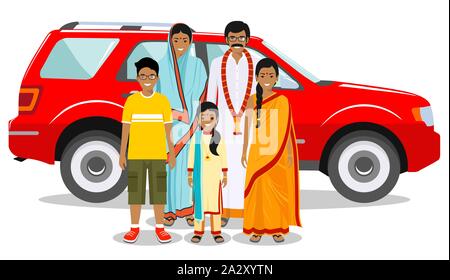 Family and social concept. Indian person generations at different ages. Set of people in traditional national clothes. Father, mother, boy, girl Stock Vector