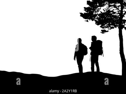 Realistic illustration with silhouettes of two tourists with backpacks, man and woman. It stands in a landscape with hills and a tree. Isolated on whi Stock Vector