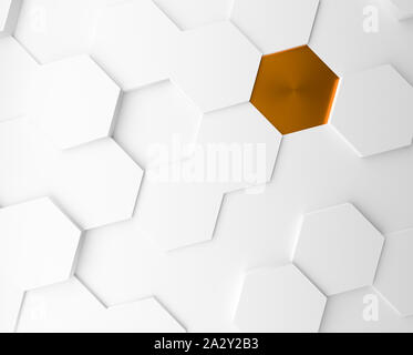 Abstract background with white hexagons and a golden metallic one, 3d rendering Stock Photo