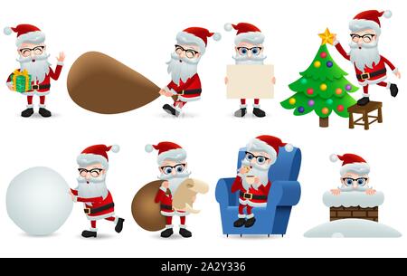 Santa claus christmas character vector elements set. Santa claus xmas characters elements for holiday season collection in different pose and gesture. Stock Vector