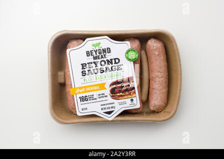 Portland, Oregon, USA - May 28, 2019: BEYOND MEAT brand plant-based Beyond Sausage centered and isolated on white background. Stock Photo