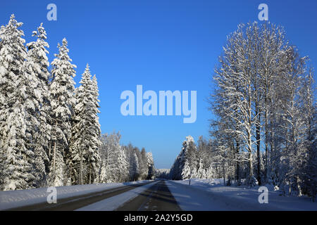 Driving in the winter wonderland called Finland during winter. In this photo you can see icy road and plenty of snow on ground and forest around it. Stock Photo