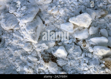 Chunks of dirty snow with some sand mixed with it. You will get snow chunks like these after snow removal outdoors. Photographed in Finland. Stock Photo