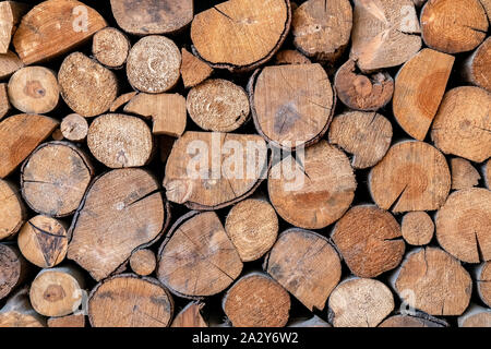 Pile of wooden logs stacked together on top of each other. Wall of stacked wood logs as background. stack of logs. Stack of firewood close up. Logs cu Stock Photo