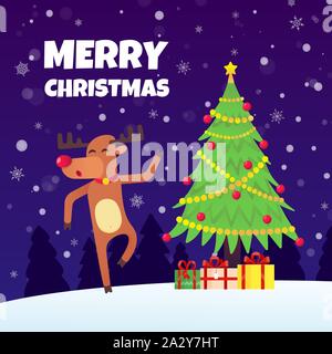 The red nose christmas reindeer dancing and wishes merry christmas flat style design vector illustration with text space Stock Vector