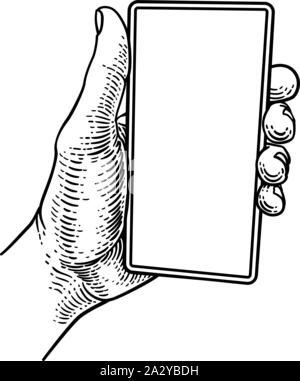 Hand Holding Mobile Phone Vintage Style Stock Vector