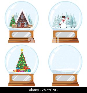 Christmas and New Year design crystal snow globe toy with decorated house, xmas tree with gifts, snowmen vector flat. Stock Vector