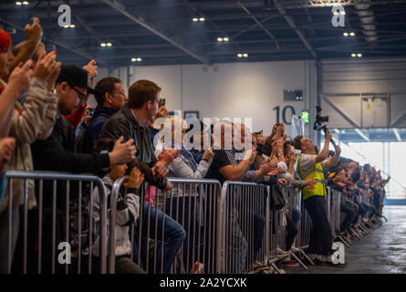 Paul Swift stunt driver, MC'd by Tiff Needell at London Motor Show May 2019, Excel London Stock Photo