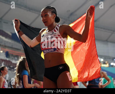 Doha, Qatar. 3rd Oct, 2019. Nafissatou Thiam of Belgium celebrates after the 800m of the women's heptathlon at the 2019 IAAF World Athletics Championships in Doha, Qatar, on . Credit: Li Gang/Xinhua/Alamy Live News Stock Photo