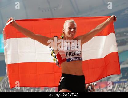 Doha, Qatar. 3rd Oct, 2019. Verena Preiner of Austria celebrates after the 800m of the women's heptathlon at the 2019 IAAF World Athletics Championships in Doha, Qatar, on . Credit: Li Gang/Xinhua/Alamy Live News Stock Photo