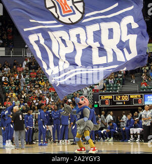 October 3, 2019 - Clippers mascot Chuck flies the flag during a preseason game between the Los Angeles Clippers and the Houston Rockets at the Stan Sheriff Center on the campus of the University of Hawaii at Manoa in Honolulu, HI - Michael Sullivan/CSM. Stock Photo