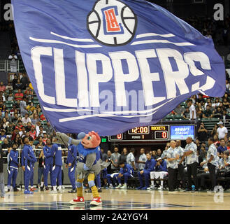 October 3, 2019 - Clippers mascot Chuck flies the flag during a preseason game between the Los Angeles Clippers and the Houston Rockets at the Stan Sheriff Center on the campus of the University of Hawaii at Manoa in Honolulu, HI - Michael Sullivan/CSM. Stock Photo