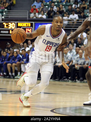 October 3, 2019 - Los Angeles Clippers guard Rodney McGruder #19 dribbles the ball during a preseason game between the Los Angeles Clippers and the Houston Rockets at the Stan Sheriff Center on the campus of the University of Hawaii at Manoa in Honolulu, HI - Michael Sullivan/CSM. Stock Photo