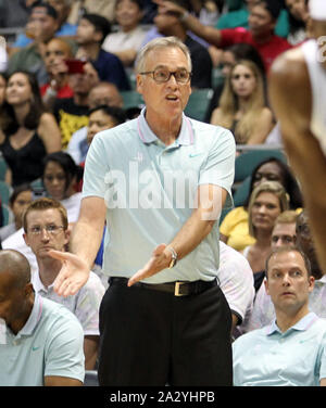 October 3, 2019 - Houston Rockets head coach Mike D'Antoni during a preseason game between the Los Angeles Clippers and the Houston Rockets at the Stan Sheriff Center on the campus of the University of Hawaii at Manoa in Honolulu, HI - Michael Sullivan/CSM. Stock Photo