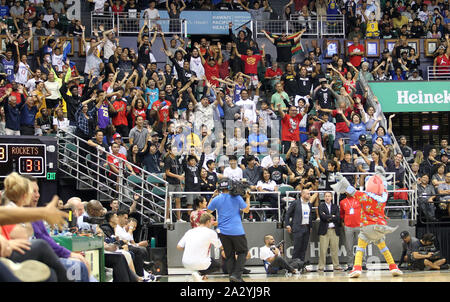 October 3, 2019 - The crowd responds to Clipper mascot Chuck during a preseason game between the Los Angeles Clippers and the Houston Rockets at the Stan Sheriff Center on the campus of the University of Hawaii at Manoa in Honolulu, HI - Michael Sullivan/CSM. Stock Photo