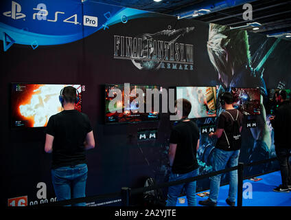 IFEMA, Madrid, Spain. 03th October, 2019. Final Fantasy 7 Remake video game exhibition at the Madrid Games Week / Video game fair, in Madrid. EnriquePSans/Alamy Live News Stock Photo
