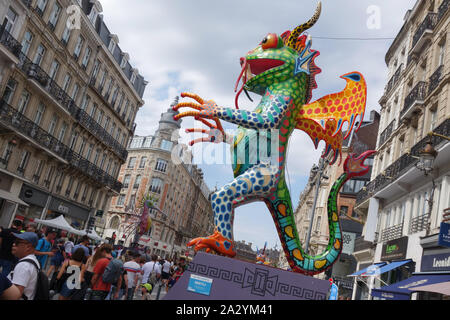 Monumental Mexican Allebrijes sculptures in Rue Faidherbe at Lille3000 Eldorado , Lille, Rijsel, France Stock Photo