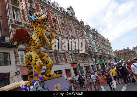 Monumental Mexican Allebrijes sculptures in Rue Faidherbe at Lille3000 Eldorado , Lille, Rijsel, France Stock Photo