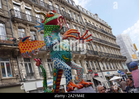 Monumental Mexican Allebrijes sculptures in Rue Faidherbe at Lille3000 Eldorado , Lille, Rijsel, France Stock Photo