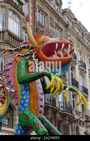 Monumental Mexican Allebrijes sculptures in Rue Faidherbe at Lille3000 Eldorado , Lille, Rijsel, France Stock Photo