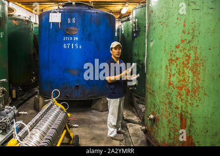 An employee with note slips checks the fill-level markings on blue and green fermentation tanks at the Fuji Nishiki sake brewery near Fujinomiya, Japan. Stock Photo