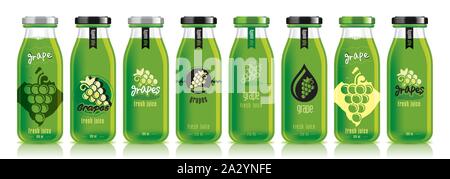 Vector grape juice, glass fruit bottle set Stock Vector