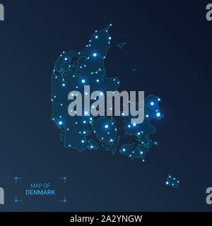 Denmark map with cities. Luminous dots - neon lights on dark background. Vector illustration. Stock Vector