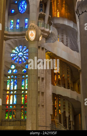 Barcelona, Catalonia, Spain - November 19, 2018: Columns, stained glass windows and spiral staircase in the interior of the Temple Expiatori de la Sag Stock Photo