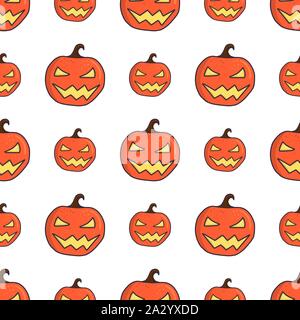 Cartoon carved halloween pumpkin seamless pattern for fabric, wrapping paper, background, wallpaper. Halloween celebration fun party vector backdrop. Stock Vector