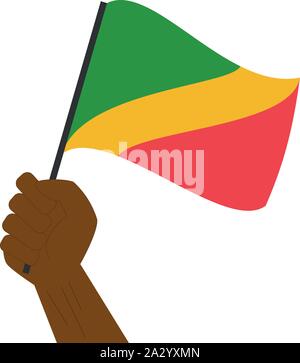 Hand holding and raising the national flag of Republic of Congo Stock Vector