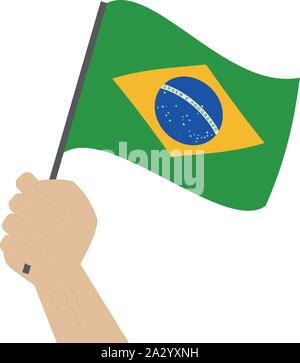 Hand holding and raising the national flag of Brazil Stock Vector