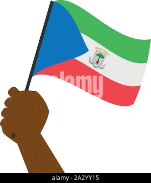 Hand holding and raising the national flag of Equatorial Guinea Stock Vector