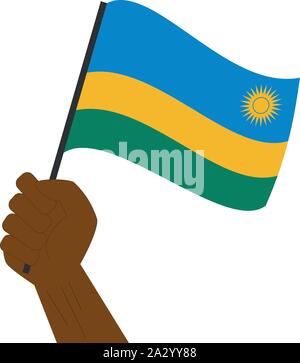 Hand holding and raising the national flag of Rwanda Stock Vector