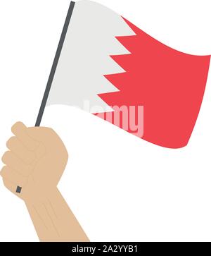 Hand holding and raising the national flag of Bahrain Stock Vector