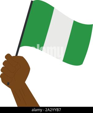 Hand holding and raising the national flag of Nigeria Stock Vector