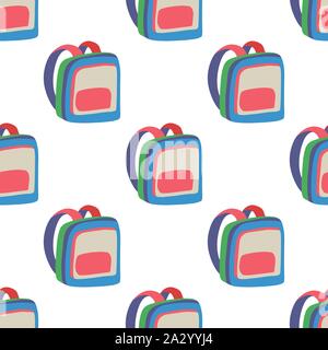 Cartoon illustration with seamless pattern with multicolor backpack on white background for print design, big scale. Modern colorful flat decoration vector elements. Stock Vector