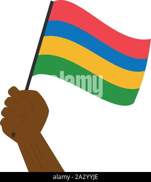 Hand holding and raising the national flag of Mauritius Stock Vector