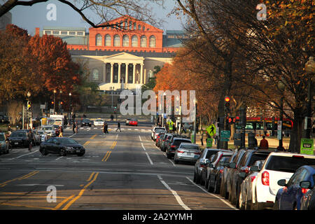 View of the 4th NW St. from the National Mall in Washington DC, USA.  The DC Court of Appeals and the National Building Museum seen in the back. Stock Photo