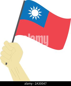Hand holding and raising the national flag of Taiwan Stock Vector