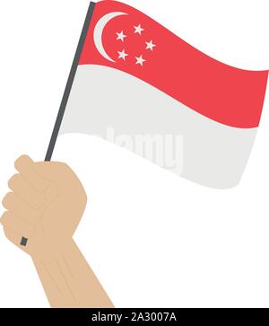 Hand holding and raising the national flag of Singapore Stock Vector